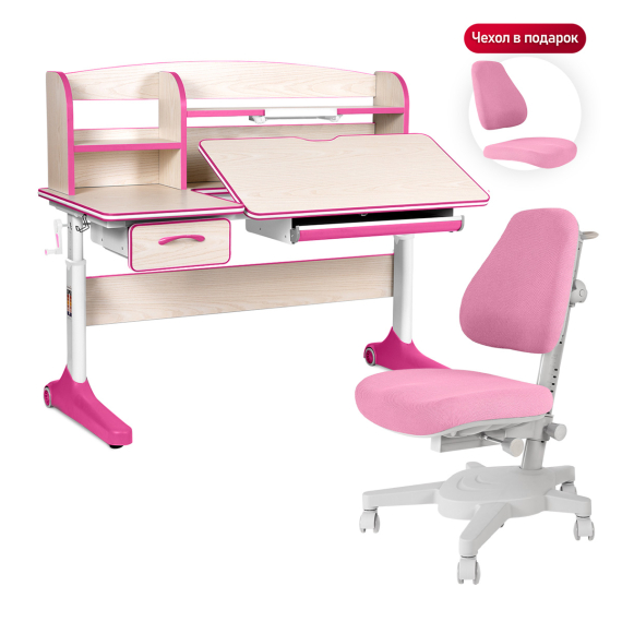 Комплект Anatomica Uniqa парта + кресло + надстройка + подставка для книг клен/розовый с розовым креслом Armata